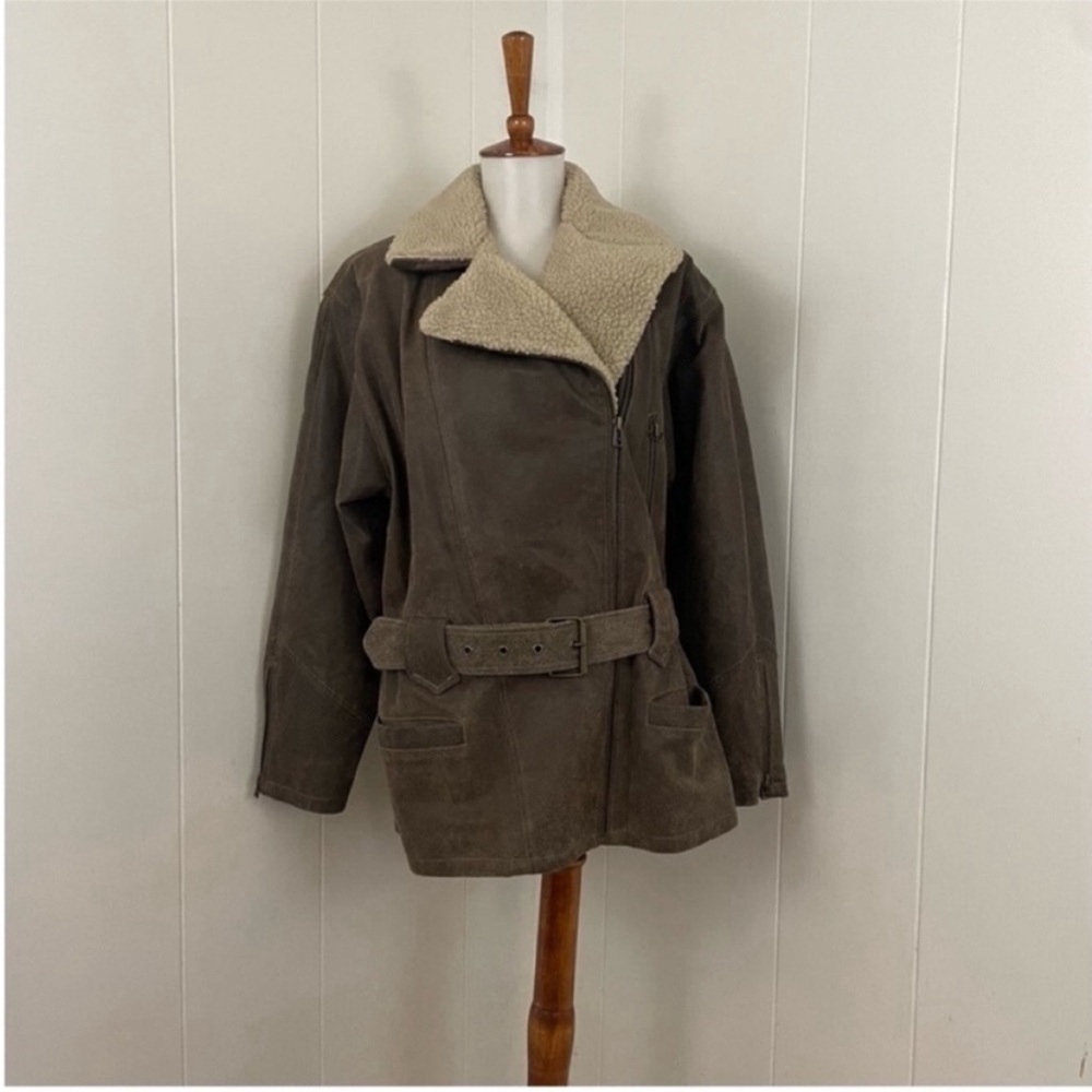 90s Suede‎ Leather Jacket Women’s S Faux Sherpa Moto Y2K MODA International - Picture 2 of 9